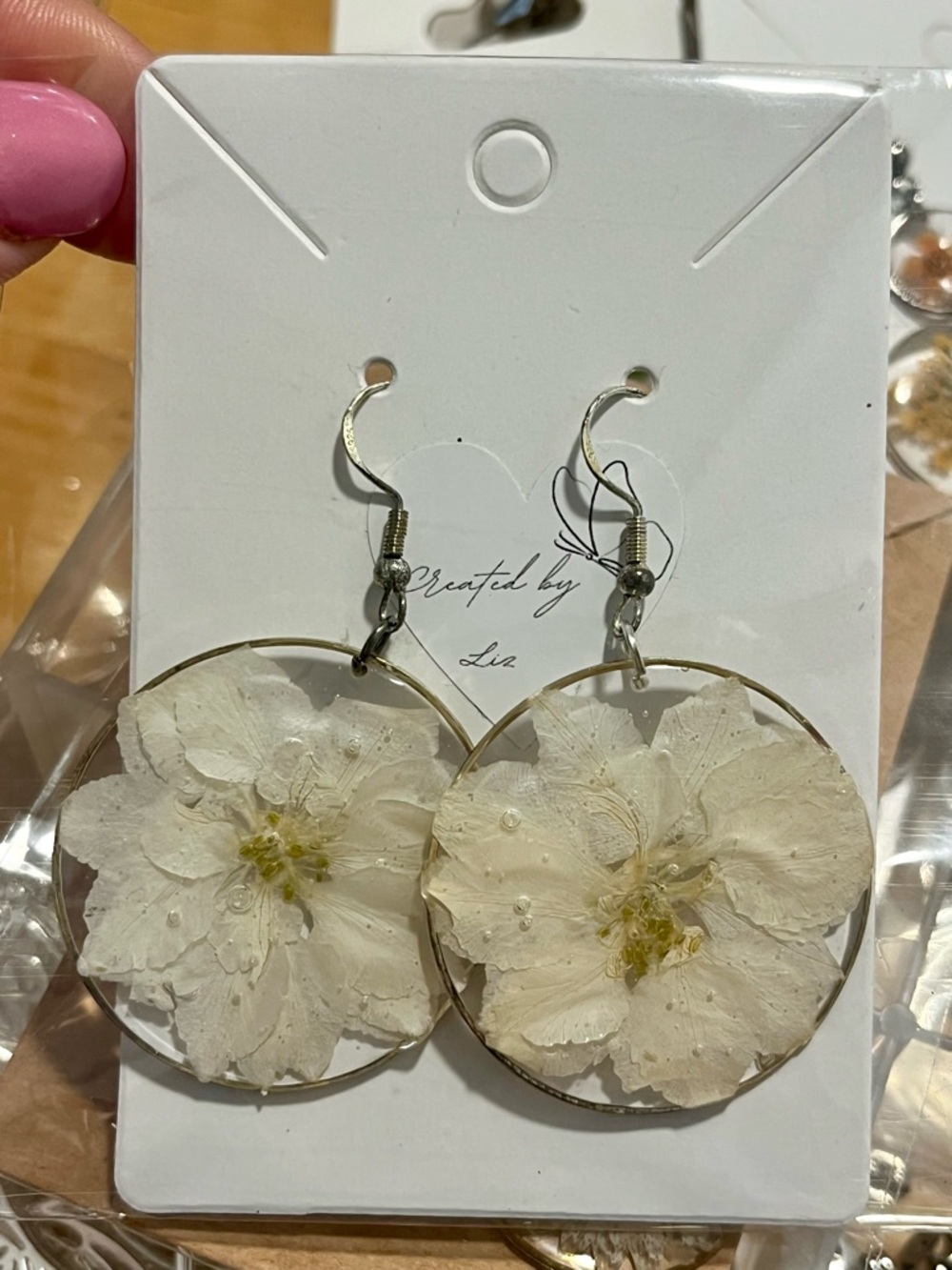 Handmade Pressed White Flower Resin Earrings